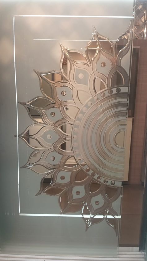 Glass Design For Mandir, Glass Door Coverings, Main Door Design Photos, Mandir Designs, Puja Ghar, Jali Design, Glass Etching Designs, Window Glass Design, Etched Glass Door