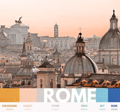 Beautiful Color Palettes Taken from Famous International Cities Rome Apartment, Historic Colours, New York Taxi, Terracotta Roof, Cities Around The World, Classic Architecture, Ancient City, The Mill, Sense Of Place