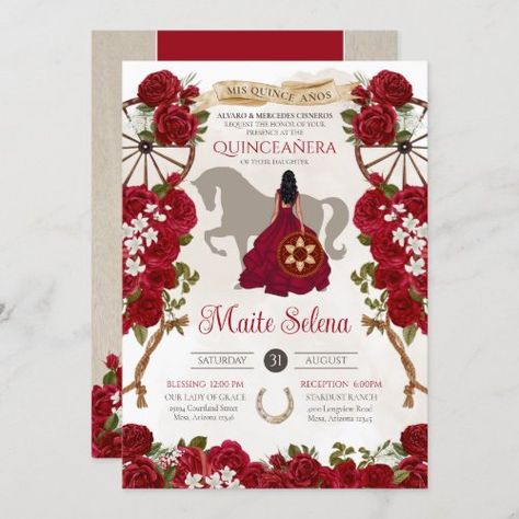 $ 3.15 | Rustic Western Red Roses Floral Charro Quinceanera - quinceanera invitation, charro quinceanera, red, floral roses, red quince dress, elegant fancy beautiful, western, red rose, rustic farm rodeo vintage, red quinceanos cowboy cowgirl Charro Quinceanera Theme, Quinceanera Charro, Red Quince Theme, Charro Theme, Quinceanera Red, Horse Invitations, Invitations Quinceanera, Red Quince, Quince Invitations