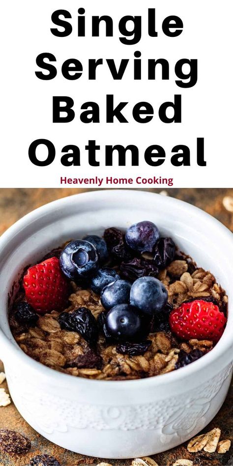 Sometimes you're craving baked oatmeal, but don't want to make a big batch. This single serving baked oatmeal is perfectly portioned for one person. It is easily baked in the oven or your air fryer. It's not only great for breakfast, but it makes a tasty dessert! Stir in some raisins, chocolate chips, or whatever other stir-in strikes your fancy, and you'll be good to go! Get the easy recipe at Heavenly Home Cooking. Baked Oatmeal In A Mug Recipes, Quick Baked Oatmeal For One, Single Serve Oatmeal Bake, Healthy Baked Oatmeal For One, Baked Oatmeal Recipes Without Eggs, Single Baked Oatmeal, Baked Oatmeal For Two, Baked Oatmeal Individual, Baked Oatmeal In Air Fryer