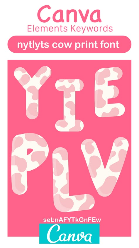 Canva Graphic Design Elements | Canva Keywords | Pastel Pink Cow Print Piebald Font | Art by Nytlyts Preppy Canva Elements, Canva Dogs Elements, Canva Letter Element, Canva Letters, Canva Graphic Design, Font Canva Lettering, Keyword Design, Canva Guide, Pink Cow Print