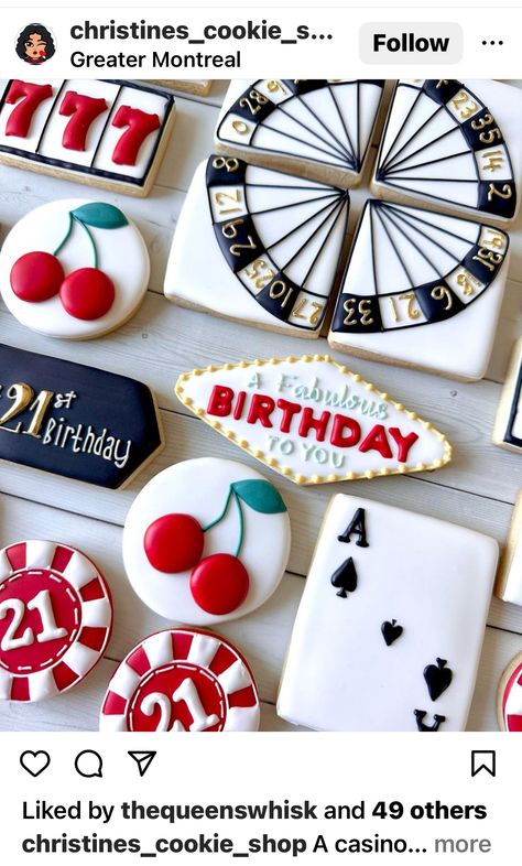 Casino Themed Cookies, Casino Cookies Decorated, Vegas Cookies, Senior Tea, Bond Theme Party, James Bond Theme Party, Royal Icing Cookie Ideas, 65th Birthday Party, Casino Birthday Party