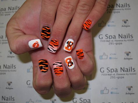 Bengal Nail designs Cincinnati Bengals Nails Designs, Bengals Tattoo Cincinnati, Bengal Nails Cincinnati, Bengals Nails Football, Bengals Nails Designs, Bengal Nails, Cincinnati Bengals Nails, Bengals Nails, Bulldog Nails