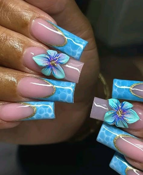 Nails Aqua Blue, Summer Nails Ocean, Water Nails Design, French Tip Nails Trendy, Long Nails Summer, Nails Ocean, Holidays Nails, Pool Nails, Lux Nails