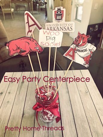 Arkansas Razorback Party, Razorback Party Decorations, Two Pig Sooie Birthday, Razorback Graduation Party, Arkansas Graduation Party, University Of Arkansas Graduation Party, Razorback Birthday Party, Easy Party Centerpieces, Razorback Party