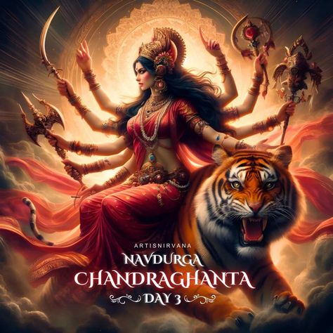 Navratri is not only about worshiping external deities but recognizing the divine powers within every woman.🙏❤ Day 1: Shailaputri Day 2: Brahmacharini Day 3: Chandraghanta Day 4: Kushmanda Day 5: Skandamata Day 6: Katyayani Day 7: Kalaratri Day 8: Mahagauri Day 9: Siddhidatri Each form of the goddess represents unique qualities. these nine days symbolize the divine feminine's strength, wisdom, and nurturing spirit. The festival's three phases: Kali (destruction of negativity), Laksh... Navratri Chandraghanta Maa, Kathyayini Mata, Navaratri 3rd Day Devi, Day 3 Of Navratri, Navaratri Day 3 Chandraghanta, Maa Chandraghanta Drawing, Day 3 Navratri Goddess, Devi Durga Wallpaper, Maa Chandraghanta Images