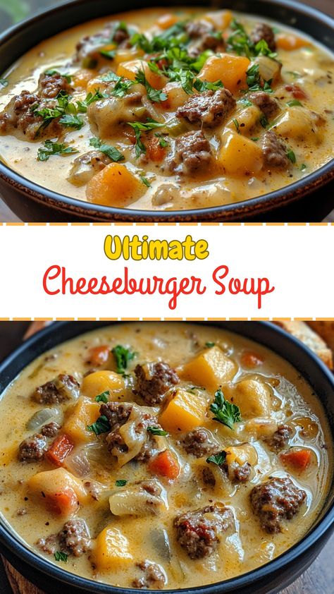 Soup Recipes: Ultimate Cheeseburger Soup Velveeta Cheeseburger Soup, Cheeseburger Soup Instapot, Easy Cheeseburger Soup With Velveeta, Ground Beef Chowder, Taste Of Home Cheeseburger Soup, Cheeseburger Soup Stovetop, Cheesy Hamburger Soup, Cheeseburger Potato Soup, Cheese Burger Soup