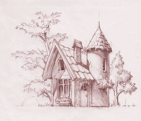 Fantasy Building Sketch, Fantasy Architecture Drawing, Wood House Drawing, House Drawing Reference, Fantasy House Drawing, Cute Cottage Drawing, Cute House Drawing, Fairy House Drawing, Houses Drawing