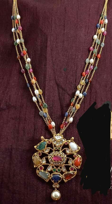 Multicolor necklace designs Navratna Pendant, Polki Pendant Set, Navratna Necklace, Polki Pendant, Gold Jewelry Simple Necklace, Beautiful Gold Necklaces, Antique Bridal Jewelry, Gold Pendant Jewelry, Black Beaded Jewelry