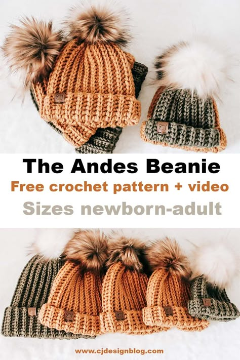 How to crochet the Andes Beanie – Free Beginner Pattern - CJ Design Blog Crochet Andes Beanie, Crochet Beanie Pattern Free All Sizes, Lined Crochet Beanie, On The Go Crochet Projects, Toque Pattern Crochet, Crochet Beanie Pattern Free Worsted, Crochet Touque Pattern, Crochet Velvet Hat Pattern, Cute Crocheted Hats