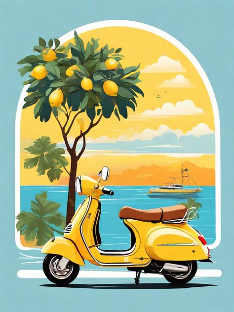 Vespa Painting Art, Vintage Lemon Wallpaper, Vintage Painting Ideas On Canvas, Lemon Aesthetic Vintage, Yellow Poster Aesthetic, Lemon Canvas Painting, Lemon Art Illustration, Summer Aesthetic Poster, Vespa Aesthetic