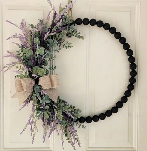 Wooden Bead Wreath With Initial, Dollar Tree Infinity Love Wreath Form, Beaded Wreaths For Front Door, Beaded Wreaths Diy, Wooden Beaded Wreath, Diy Beaded Wreaths For Front Door, Wooden Bead Wreaths, Wooden Bead Wreath Ideas, Beaded Wreath Ideas