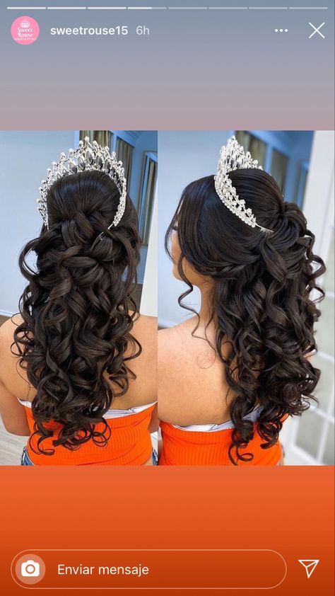 Quince Crowns Flowers, Hair Styles For Quinceañera With Crown, 15 Hairstyles With Crown Bun, Cinderella Quince Hairstyles, Hairstyles With Crown Tiaras Quinceanera, Quince Half Up Half Down Hairstyles With Crown, Quince Hairstyles Front And Back, Quinceanera Hairstyles Bun With Curls, Quinceanera Hairstyles With Big Crown