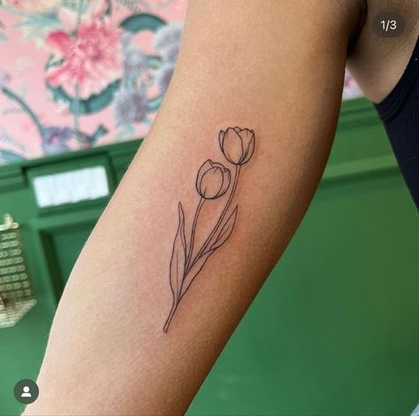 Small Tulip Bouquet Tattoo, Tulip In A Vase Tattoo, Cute Tulip Tattoo, Tulip Leg Tattoo, Tulip Butterfly Tattoo, Tulip Rib Tattoo, Bouquet Of Tulips Tattoo, Dainty Tulip Tattoo, Yellow Tulip Tattoo