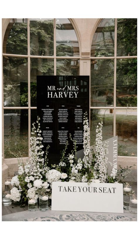 Black Tie Wedding Ideas Decor, Modern Classy Wedding Decor, Black Tie Wedding Palette, Timeless Black Tie Wedding, Black And White Table Plan, Classic Black Tie Wedding Decor, Modern Black And White Wedding Signage, Black Tie Classic Wedding, Black Tie Wedding Signage