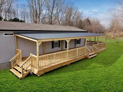 Deck On Single Wide, Single Wide With Porch, Mobile Home Wrap Around Deck, Cheap Lean To Shed, Front Porch Design For Mobile Home, Free Standing Porch Roof, Double Wide House Ideas, Mobile Home Roof Over Double Wide, Backyard Deck For Ranch Style Home