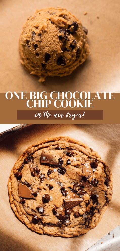 One big single serve chocolate chip cookie thats crispy on the edges and soft and chewy in the middle and packed with chocolate. One Big Chocolate Chip Cookie, Single Serve Chocolate Chip Cookie, Big Chocolate Chip Cookies, Small Air Fryer, Big Chocolate, Giant Cookie, Big Cookie, Flaky Salt, Cookie Scoop