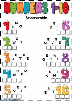 Numbers 1-10 (Unscramble) Language: English Grade/level: Elementary School subject: English as a Second Language (ESL) Main content: Numbers Other contents: Number Worksheets Kindergarten, English Activities For Kids, Numbers Kindergarten, Worksheets For Kindergarten, 1st Grade Math Worksheets, Learning English For Kids, Kindergarten Worksheets Printable, English Worksheets For Kids, Numbers For Kids