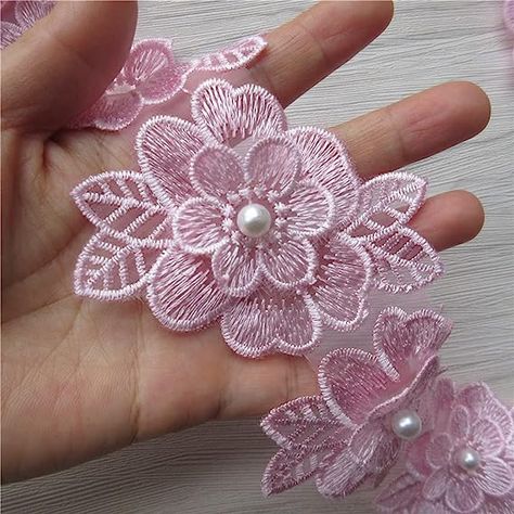 Amazon.com: 2 Yards 3D Flower Lace Trim Pearl Embroidered Polyester Lace Ribbon Fabric Applique Patchwork for Wedding Dress Handmade DIY Sewing Craft Supplies Decoration (Pink) Wedding Dress Diy Sewing, Bridal Ornaments, Embellishment Diy, Costura Diy, For Wedding Dress, Fabric Applique, Vintage Wedding Decorations, Sewing Ribbon, Dress Handmade