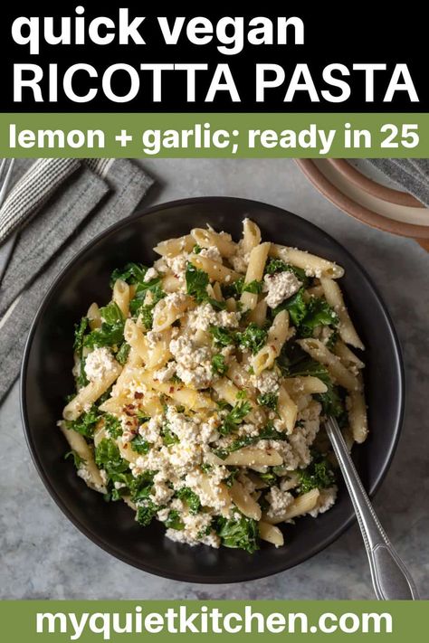 Vegan Pasta Noodles, Pasta With Kale, Lemon Ricotta Pasta, Yeast Free Recipes, Garlicky Kale, Vegan Noodles, Vegan Ricotta, Quick Vegan Meals, Ricotta Recipes