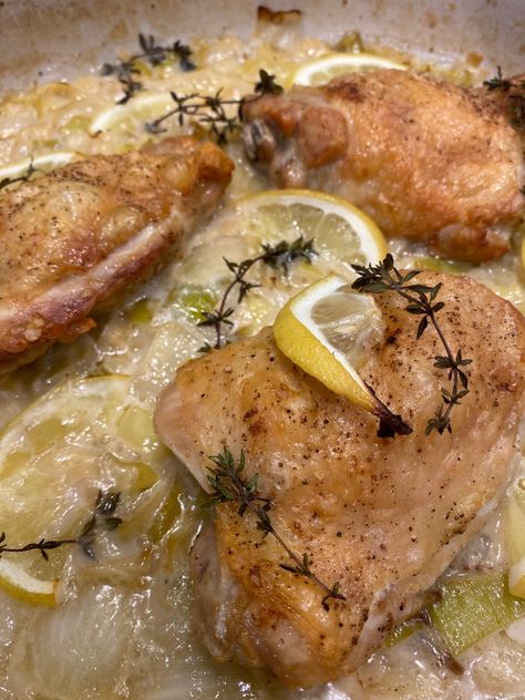 Creamy Chicken Thighs With Lemon And Thyme, Creamy Chicken Thighs, Chicken And Leek Recipes, Ingredient Prep, Ina Garten Chicken, Best Ina Garten Recipes, Leek Recipes, Lemon Cream Sauces, Cooking Basmati Rice