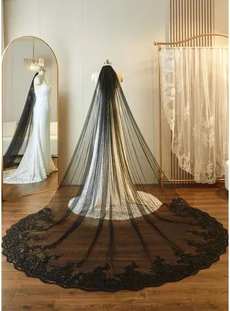 JJ's House Wedding Veil Sequin Lace Tulle Black Black 118.11 in (300cm) 118.11 in (300cm) Lace Edge Cathedral Length Oval Single Tier Wedding Veils. #JJ's House #WeddingVeil #Sequin #Lace #Tulle #Black #Black #LaceEdge #CathedralLength #Oval #SingleTier #WeddingVeils Veil Display, Black Wedding Veil, Boho Wedding Veil, Black Weddings, Goth Bride, Ivory Bridal Veil, Ivory Wedding Veils, Lace Veils Bridal, Layered Veil