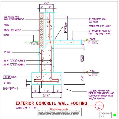 FW01.0 - Exterior Wall Footing With 8in Concrete Wall | AxiomCpl: Central Professional Library Wall Footing Details, Concrete Construction Detail, Icf Foundation Detail, Wall Section Detail Architecture, Bar Bending Schedule, Concrete Wall Section Detail, Wall Building, Brick Wall Section Detail Architecture, Architectural Plan