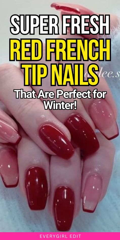 red French tips, red French tip nails, red French tip nail designs, red French tips winter, red French tips holiday. Red French Tip Design Nails, Red French Tips Square, Red French Tips Almond, Coffin Red French Tip Nails, Glitter Red French Tip Nails, Almond Nails Dark Red, Square Red French Tip Nails, Almond Red French Tip, Red French Tip Nails Coffin