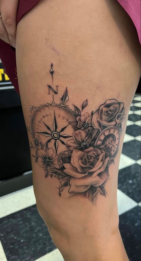 Compass Thigh Tattoo, Date Tattoo Ideas, Feminine Compass Tattoo, Moose Tattoo, Date Tattoo, Compass Tattoos, Best Compass, Thigh Tat, Animal Tattoo Ideas