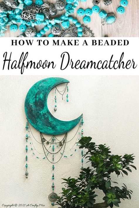 Witchy Bohemian Decor, Diy Boho Dreamcatcher, How To Dream Catcher, Diy Celestial Decor, How To Make Dream Catchers, Moon Dreamcatcher Diy, Celestial Crafts, Clay Dream Catcher, Half Moon Dream Catcher