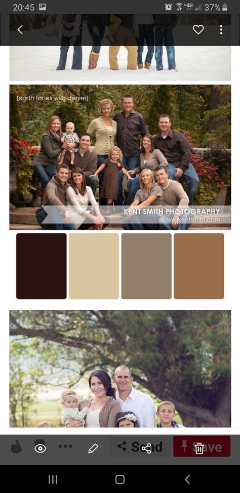 I like the jeans and earth tones. Maybe each family takes a dominant color and uses cream as the accent. Mom and dad in cream with then other browns as their accent.... Brown And Gray Family Photos, Earth Tones Outfit, Large Family Pictures, Family Pictures Ideas, Family Photos Ideas, Family Photo Colors, Cream Color Scheme, Portrait Color, Dressing Tips