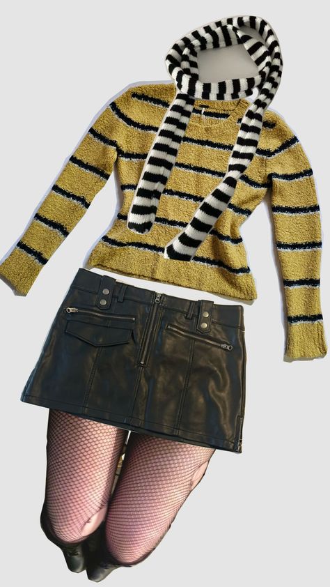 y2k edgy outfit with a mini skirt, fishnet tights, a long y2k scarf, and a yellow striped alpaca sweater that can be found in my Depop closet: petal_glow Yellow Striped Sweater Outfit, Striped Scarf Outfit, Y2k Scarf, Striped Sweater Outfit, Edgy Outfit, Scarf Outfit, Sweater Outfit, Alpaca Sweater, Fishnet Tights