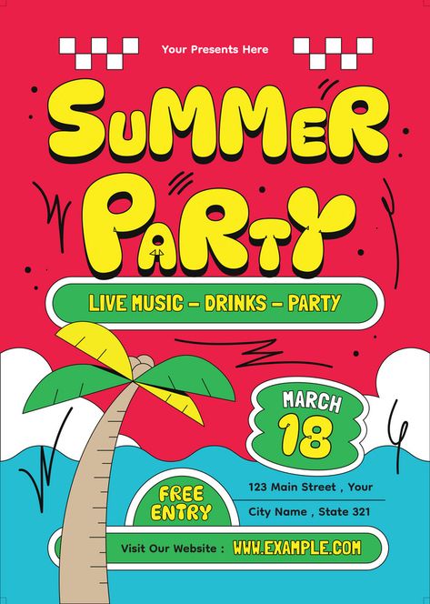 Summer Party Poster, Cold Brew Packaging, Summer Party Flyer, Background Psd, Greeting Poster, Summer Party Invitations, Red Background Images, Adobe Illustrator Design, Creative Kids Crafts