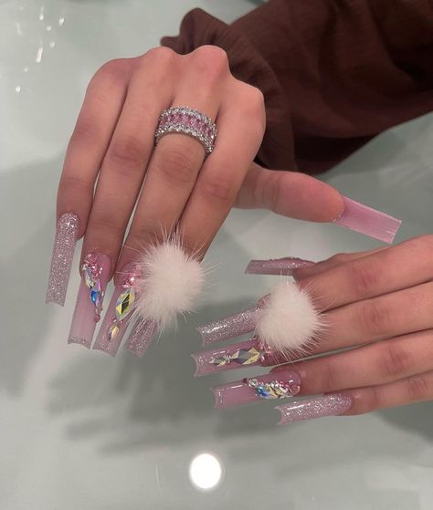 NAILZBYLYSS on Instagram: “We love an extra set ✨ @nailprofus baby pink, glitter gel liner 01 discount code: lyss 🤍 #nailsofinstagram #prettynails #explore…” Nails With Pom Poms, Fur Nails, Purple Acrylic Nails, Star Nail Art, Nail Art Stickers Decals, Nail Type, Long Acrylic Nails Coffin, Long Acrylic, Star Nails