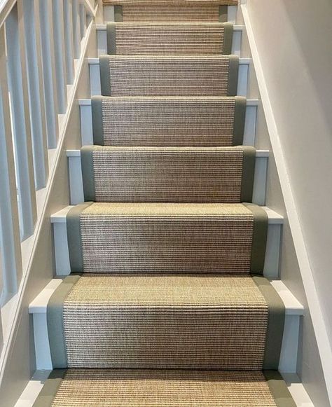 Cottage Staircase, Sisal Stair Runner, Stair Carpets, Cottage Hallway, Cottage Stairs, Shaped Rugs, Stair Runner Installation, Carpet Staircase, Staircase Runner