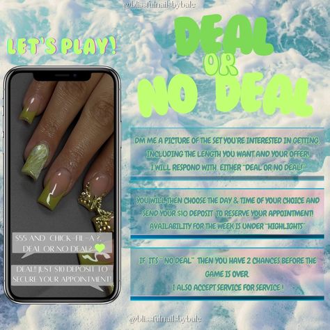 Let's play Deal or No Deal!!💚 - Weekly availability is posted every week, check under highlights🤍 - Offer runs until post is no longer on the feed! Reserve your appointment today!🤍 - #nailtech #losangelesnailtech #southcentralnailtech #losangelesnails #nailsofinstagram #explorepage #explorepage #dealornodeal #nailsdeal #serviceforservice #viralnails #trendynails Under Highlights, Deal Or No Deal, Day And Time, Lets Play, Nail Tech, Trendy Nails, Highlights, Angeles, Let It Be