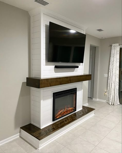 Wrap Around Mantle, Diy Shiplap Fireplace, Room Decor Indian, Fireplace Feature Wall, Basement Fireplace, Built In Electric Fireplace, Faux Fireplace Diy, Build A Fireplace, Fireplace Tv Wall