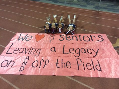 Senior night run through sign! I love the idea of having the senior cheerleaders sit like this for a cute pic also Senior Sign Out Poster, Senior Night Banner Ideas, Senior Night Signs Volleyball, Senior Night Signs Football, Senior Run Through Signs, Senior Night Run Through Signs, Senior Night Signs, Senior Pep Rally, Football Poster Ideas