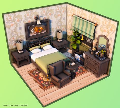 Small Bedroom Sims 4, Sims Bedroom Ideas Base Game, Sims 4 Master Room Ideas, Sims 4 Retro Bedroom, Sims 4 Cottage Core Bedroom, Sims 4 Cottage Living Interior, Sims 4 Attic Bedroom, Cottagecore Bedroom Sims 4, Sims Bedroom Ideas