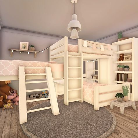 Bloxburg Bunkbed Ideas, Kids Room Bloxburg Ideas, Twin Room Bloxburg, Bloxburg Sleepover Room, Kids Bloxburg Room, Kids Bedroom Ideas Bloxburg, Bloxburg Girl Room Ideas, Twin Bedroom Bloxburg, Kid Room Bloxburg