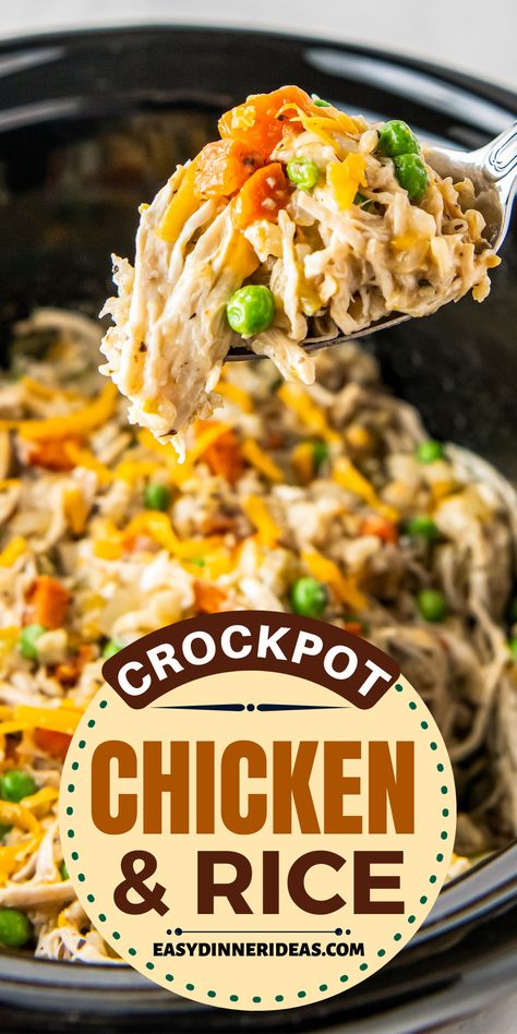 Our Crockpot Chicken and Rice is going to make everyone happy at your dinner table. It has chicken, vegetables, and cheesy rice. It's so easy to make and has ingredients that everyone will love! Crockpot Casseroles, Crockpot Rice Recipes, Slow Cooker Chicken Rice, Crockpot Chicken And Rice, Nice Meals, Chicken And Rice Crockpot, 2024 Meals, Beef Crockpot, Crockpot Soups