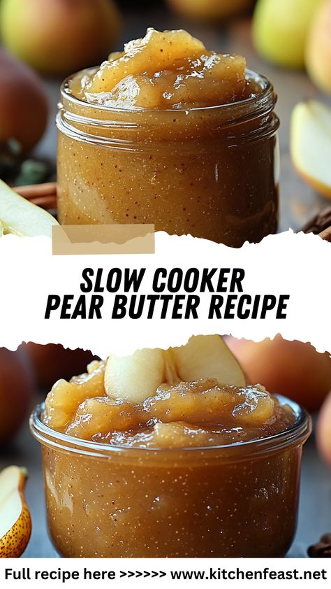 This Slow Cooker Pear Butter is a spiced, velvety spread perfect for fall! Use it on toast, pancakes, or give it as a homemade gift. Easy and delicious! Small Batch Pear Butter, Crock Pot Pear Butter Recipe, Crockpot Pear Preserves, Pear Butter Crock Pot, Slow Cooker Pear Butter, Crockpot Pear Butter Recipe, Crockpot Pear Butter, Fruit Spread Recipe, Spiced Pear Butter