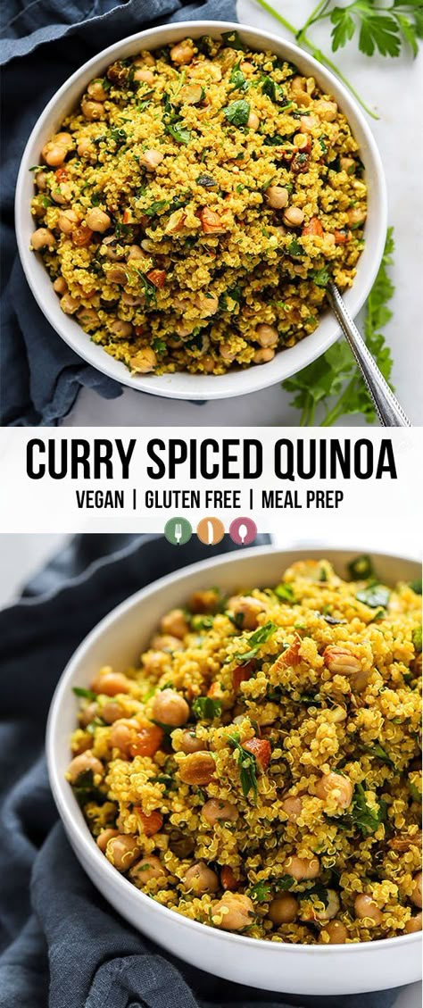 This simply curry spiced quinoa is spiced with curry powder and loaded with add-ins like raisins, chickpeas, and fresh herbs. It also packs well for meal prepping for lunch! #vegan #glutenfree #sidedish #mealprep Quinoa Curry, Quinoa Recipes Easy, Quinoa Recipes Healthy, Quinoa Dishes, Curry Spices, Quinoa Recipes, Meal Prepping, Veggie Dishes, Curry Powder