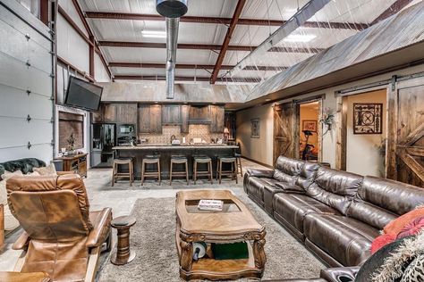 Hangout Area Barn Hangout Ideas, Hangout Ideas, Pole House, Barn Style House Plans, Modern Garage, Shed Homes, Barn Style House, Building A Shed, Metal Building Homes