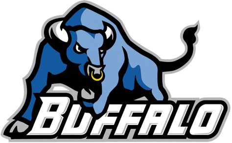 Pictorial logo for University of New York at Buffalo. Nicely rendered, bold, with an interesting shape created by the blue bull and the word "Buffalo". I especially like the subtlety of the tail. Buffalo University, Buffalo Logo, Buffalo Bulls, Buffalo Football, Sport Logos, Sport Logo Design, College Football Teams, Bull Logo, College Logo