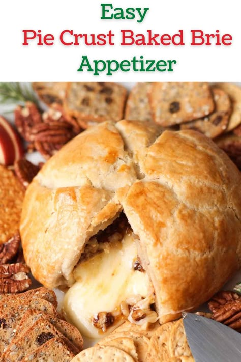 Pie crust baked brie is an indulgent appetizer that combines the creamy richness of brie cheese with the flaky, buttery goodness of a pie crust. This is a convenient, easy and quick recipe to make in just 30 minutes! Serve it with your favorite cracker, bread, jam, fruit, nuts and charcuterie to make the ultimate holiday spread. Find the recipe on www.apeachyplate.com Pie Crust Appetizers, Cracker Bread, Brie Wheel, Baked Brie With Jam, Fig Appetizer, Brie Cheese Recipes, Ready Made Pie Crust, Baked Brie Appetizer, Baked Brie Recipes