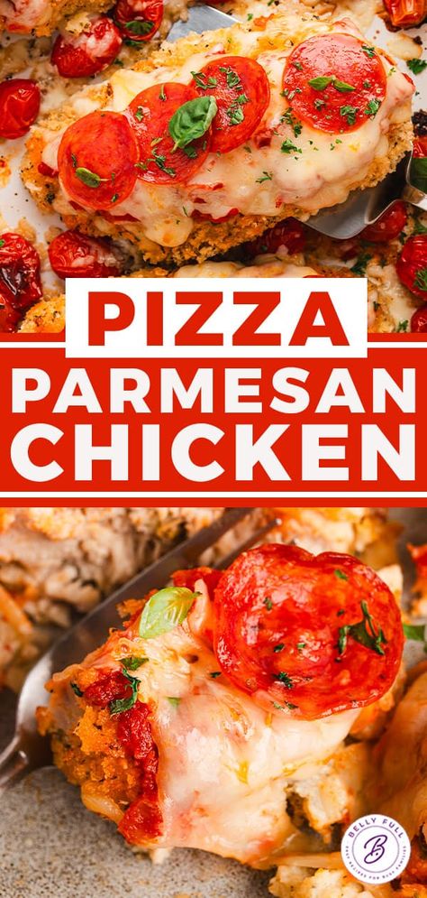 Pizza Parmesan Chicken l Belly Full Pepperoni Pizza Chicken Bake, Pepperoni Chicken Bake, Italian Casseroles, Chicken Parmesan Pizza, Italian Casserole, Breaded Chicken Tenders, Pizza Chicken, Chicken Casseroles, Bake Chicken