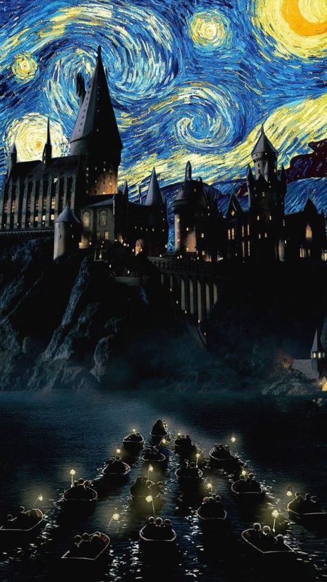 Starry Night Wallpaper Aesthetic, Starry Night Hogwarts, Hogwarts Wallpaper Aesthetic, Hogwarts Landscape, Harry Potter Starry Night, Hogwarts Starry Night, Hogwarts Wallpaper, Vangogh Starrynight, فنسنت فان جوخ