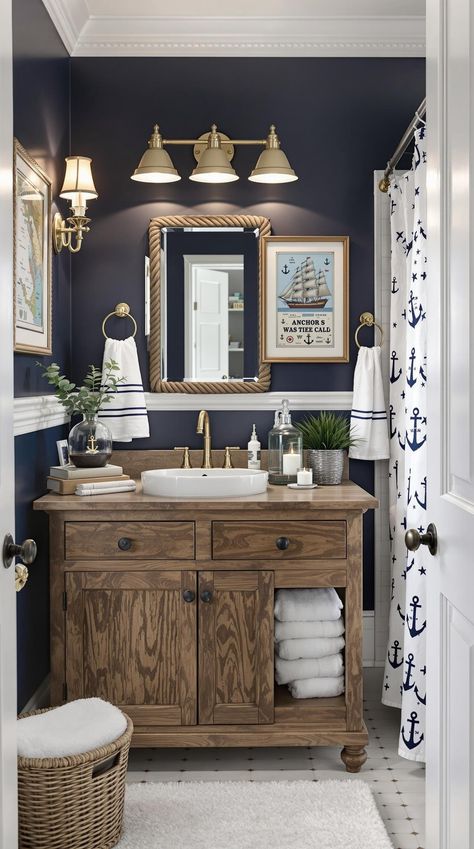 Coastal Bathroom Ideas Nautical Half Bath, Lake House Bathroom Decor Ideas, Modern Nautical Bathroom, Coastal Gothic, Beach Bathroom Ideas, Small Coastal Cottage, Coastal Cottage Bathroom, Boat Bathroom, Ocean Theme Bathroom