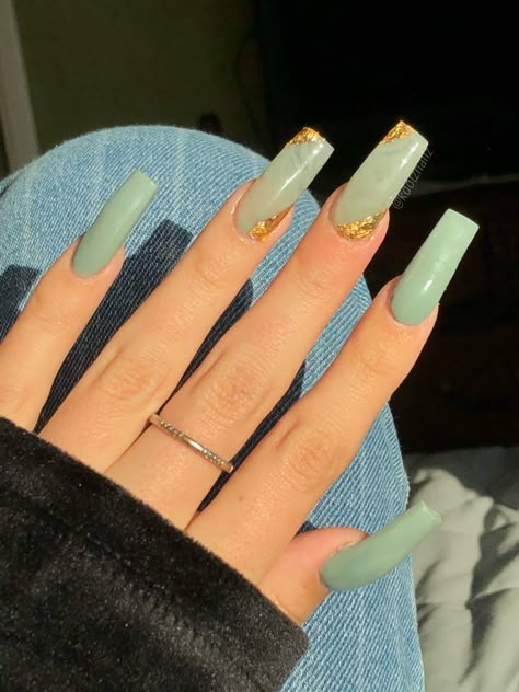 Sage Color Nails Acrylic, Green Square Nails Acrylic, Graduation Nails Sage Green, Ivory Green Nails, Sage Green Nail Inspo Acrylic, Army Green Nail Ideas, Pistachio Green Nails Design, Sage Green Coffin Acrylic Nails, Jade Green Nails Acrylic Short